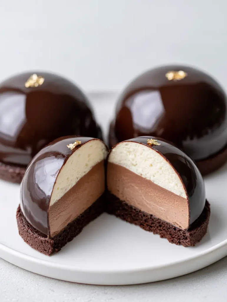 Close-up of three Triple Chocolate Mousse Domes, showing one sliced in half to reveal perfectly horizontal layers of dark, milk, and white mousse.