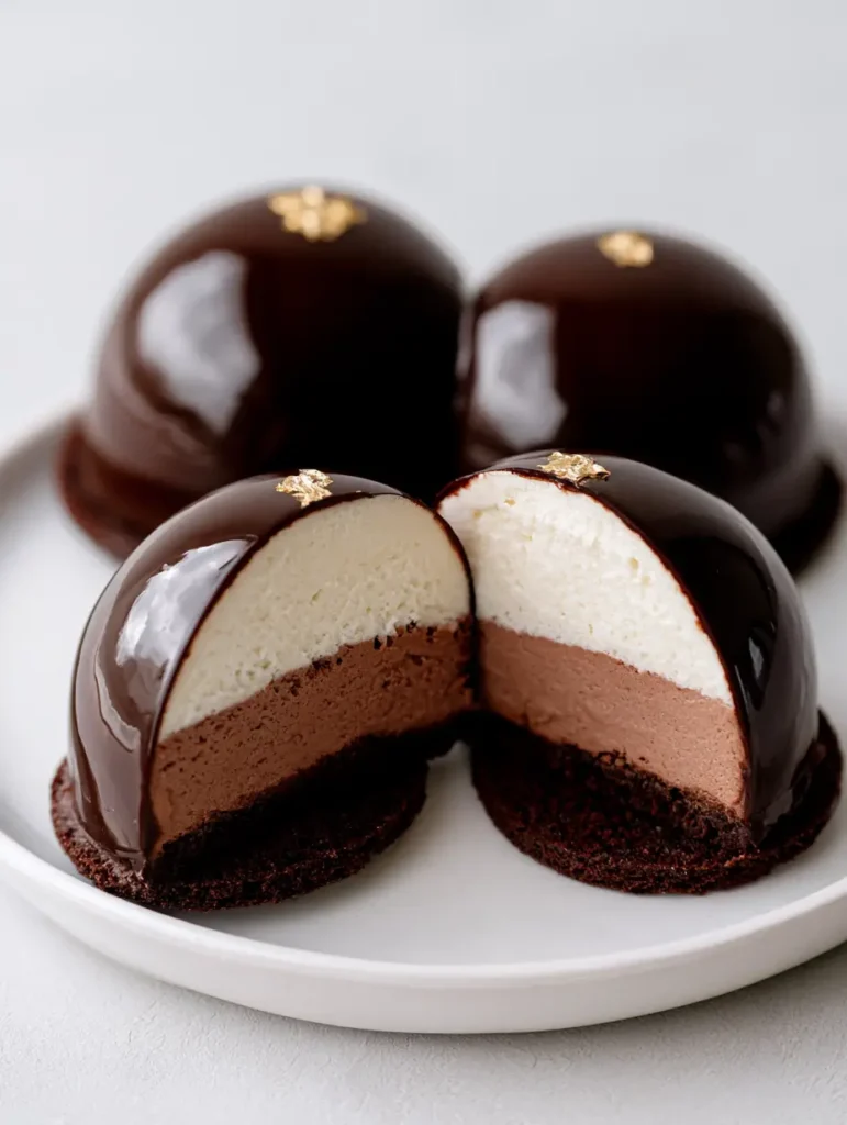 Multiple Triple Chocolate Mousse Domes on a white ceramic plate, showcasing the reflective mirror glaze.