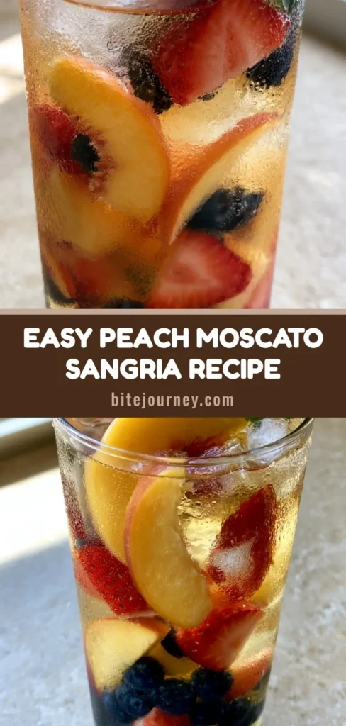 Peach Moscato Sangria: The Ultimate Summer Fruit Cocktail 4 A close up vertical shot of Peach Moscato Sangria in a tall glass with thin crescent peaches, halved strawberries, and dark blueberries, garnished with mint and covered in condensation.
