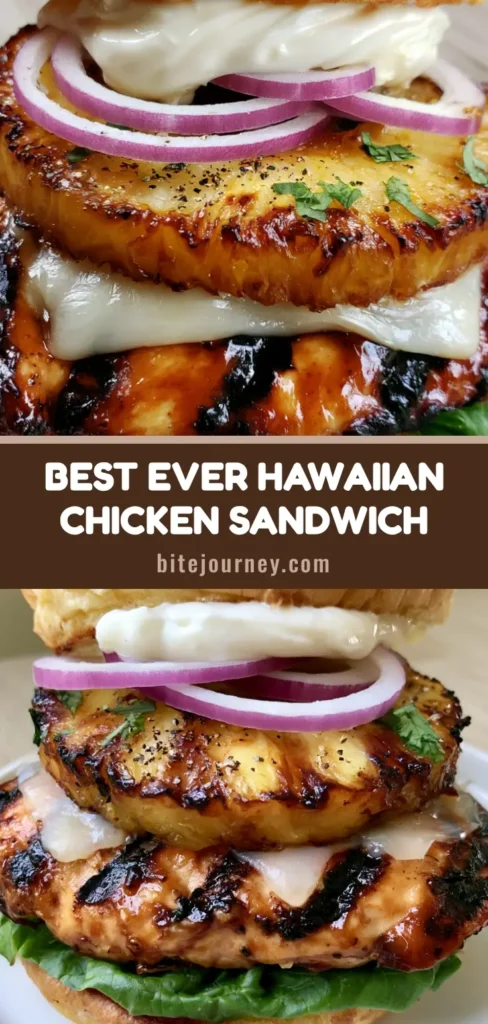 Hawaiian Chicken Sandwich: The Ultimate Grilled Teriyaki & Pineapple Guide 4 A vertical shot of a gourmet Hawaiian Chicken Sandwich with a glossy teriyaki glaze, grilled pineapple, and melted Swiss cheese on a toasted brioche bun, perfect for Pinterest.