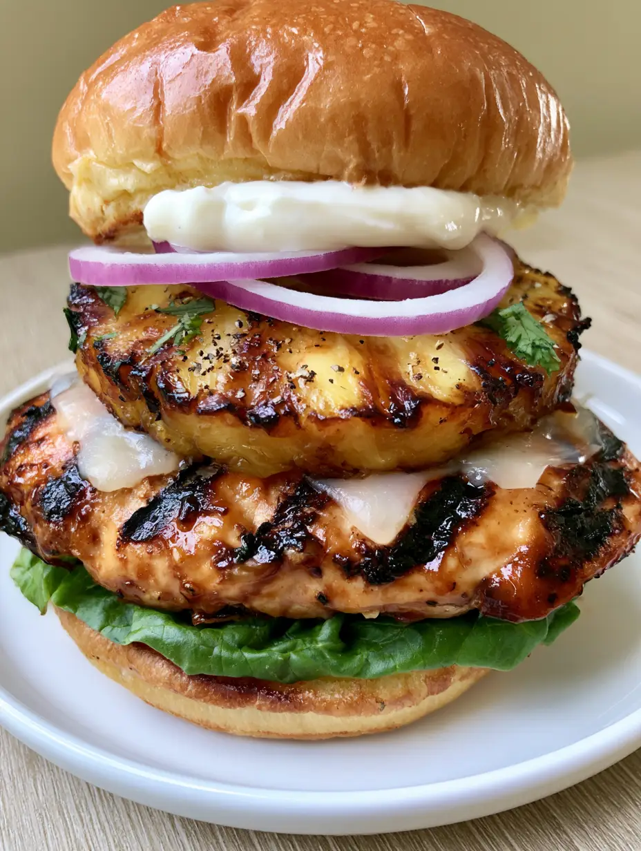Hawaiian Chicken Sandwich: The Ultimate Grilled Teriyaki & Pineapple Guide 3 Close-up of a Hawaiian Chicken Sandwich on a white plate showing deep grill marks and melted Swiss cheese.