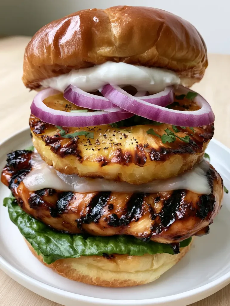 Hawaiian Chicken Sandwich: The Ultimate Grilled Teriyaki & Pineapple Guide 1 A handheld smartphone style photo of a Hawaiian Chicken Sandwich with caramelized pineapple and red onion.
