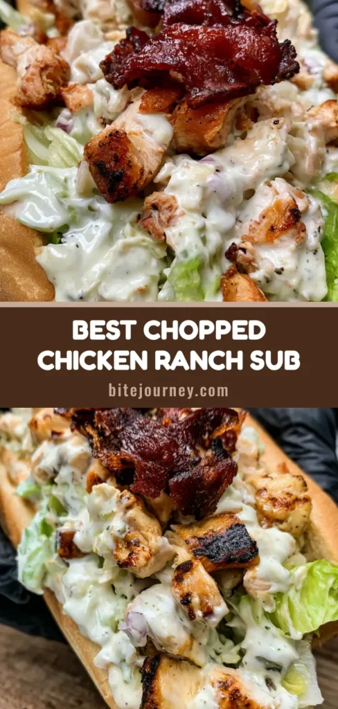 A close-up handheld photo of a loaded Chopped Chicken Bacon Ranch Sandwich in a hoagie roll with crispy bacon.
