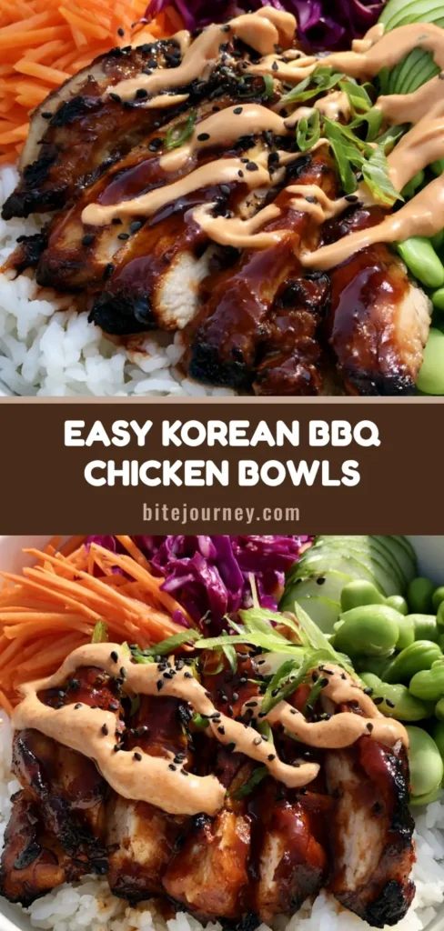 Korean BBQ Chicken Bowls with Creamy Gochujang Sauce 4 A handheld smartphone photo of Korean BBQ Chicken Bowls with seared chicken, purple cabbage, carrots, and edamame, drizzled with orange gochujang sauce.