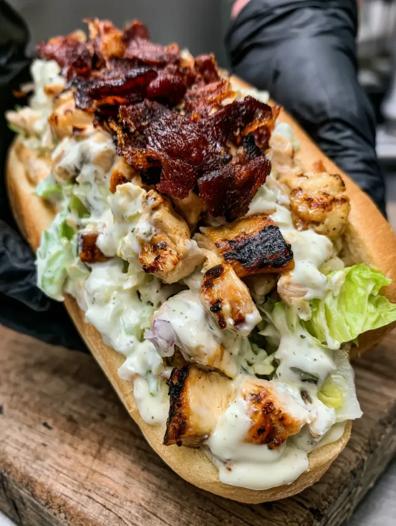 Handheld smartphone photo of a loaded Chopped Chicken Bacon Ranch Sandwich being held with black nitrile gloves.