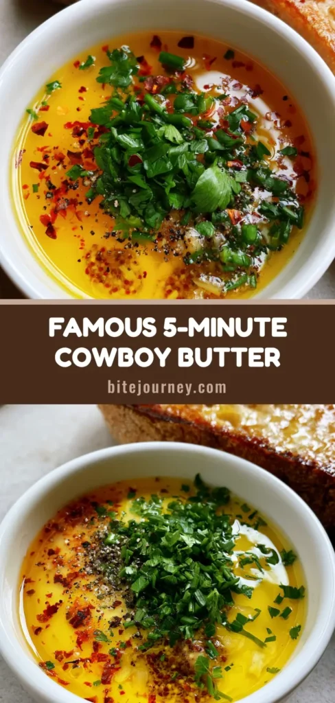 Cowboy Butter Recipe: The Viral Garlic Butter Sauce You Need 4 A ceramic bowl filled with Cowboy Butter Sauce featuring red chili flakes, fresh parsley, and garlic, served with charred sourdough bread. (Cowboy Butter Recipe)