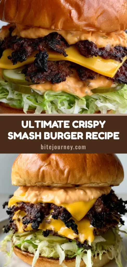 A close-up shot of a Smash Burger with two thin beef patties, melted yellow American cheese, and crispy charred edges on a toasted brioche bun.