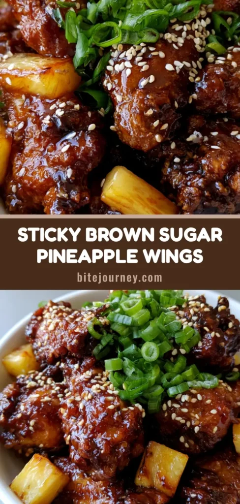 A heap of crispy fried chicken wings thoroughly coated in a thick, glossy, dark golden-brown syrup glaze with caramelized pineapple chunks in a white bowl. (Brown Sugar Pineapple Wings)