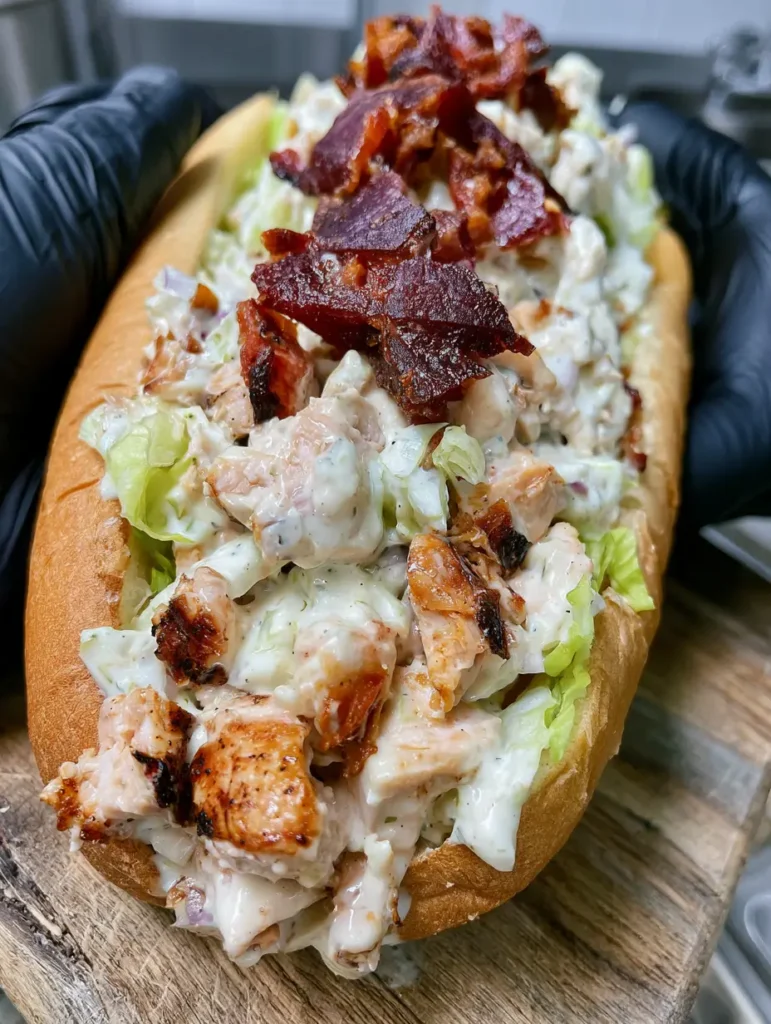 Close up view of the crispy bacon pieces and glossy ranch sauce on a Chopped Chicken Bacon Ranch Sandwich.