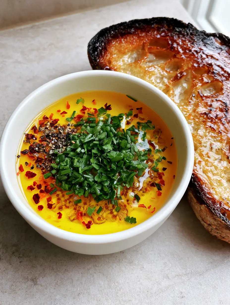 Cowboy Butter Recipe: The Viral Garlic Butter Sauce You Need 3 Close up shot of melted golden liquid butter with chili flakes and herbs in a white bowl. (Cowboy Butter Recipe)