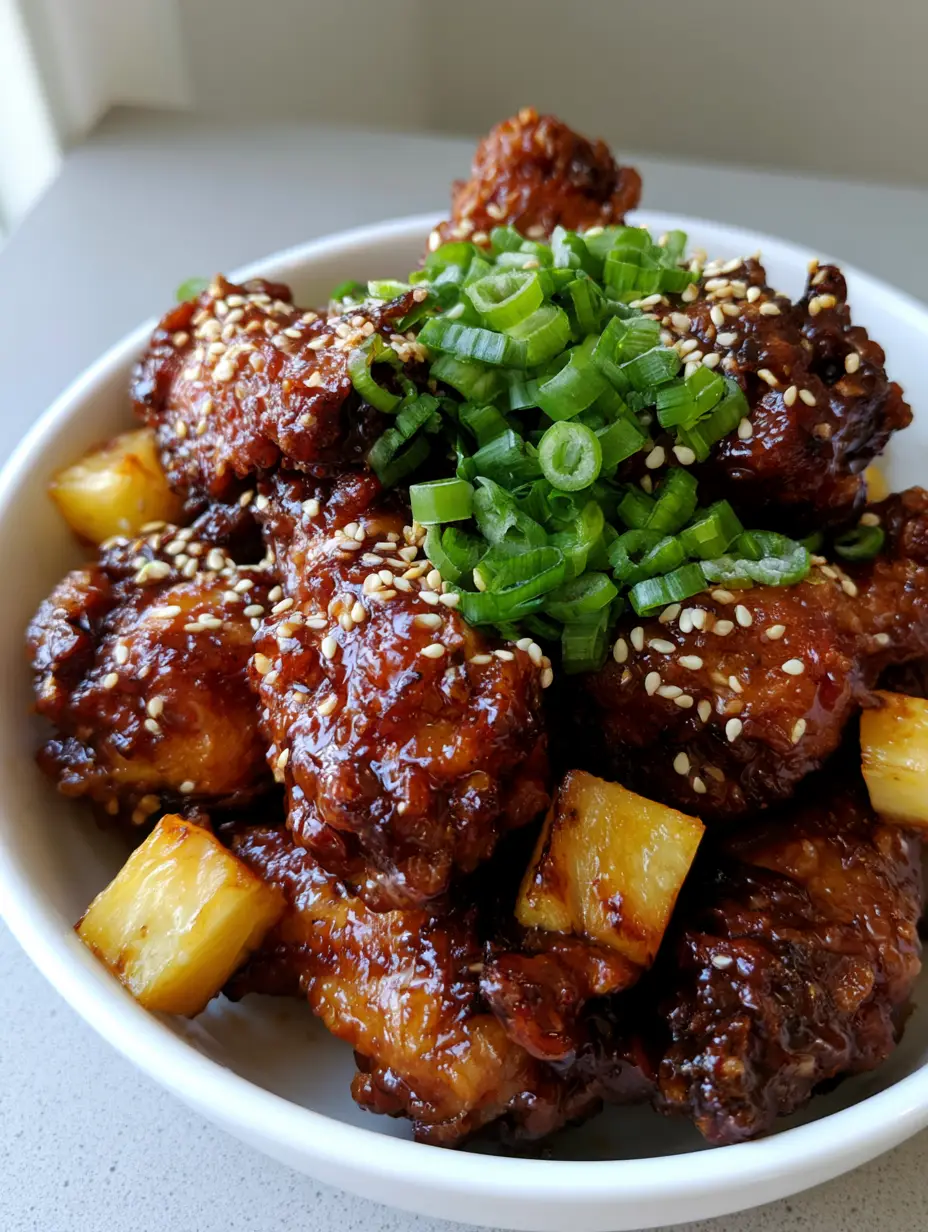 Close up of glossy brown sugar pineapple wings with sesame seeds and green scallions. (Brown Sugar Pineapple Wings)