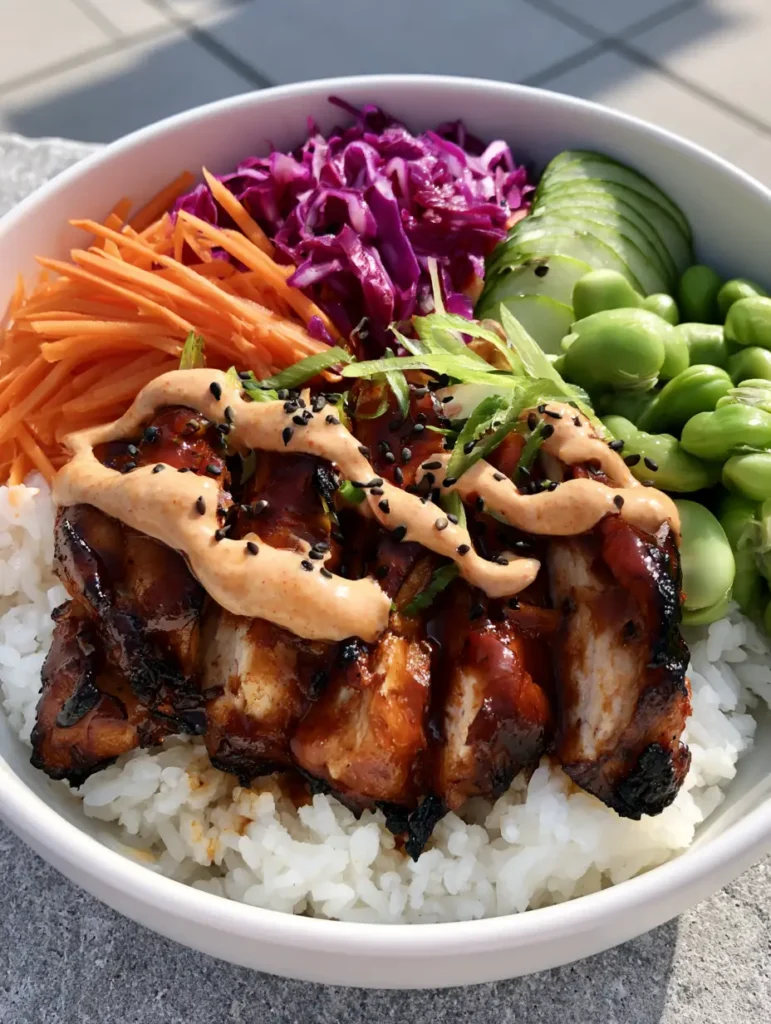 Korean BBQ Chicken Bowls with Creamy Gochujang Sauce 1 A top-down view of a Korean BBQ Chicken Bowl showing distinct piles of edamame, red cabbage, and julienned carrots.