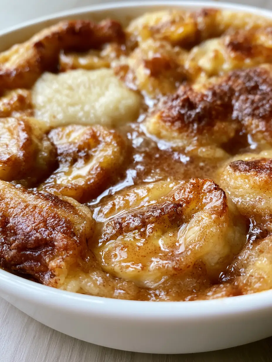 Close-up of Southern Banana Cobbler showing the contrast between moist pale dough and deep golden-brown baked sections with sliced bananas.
