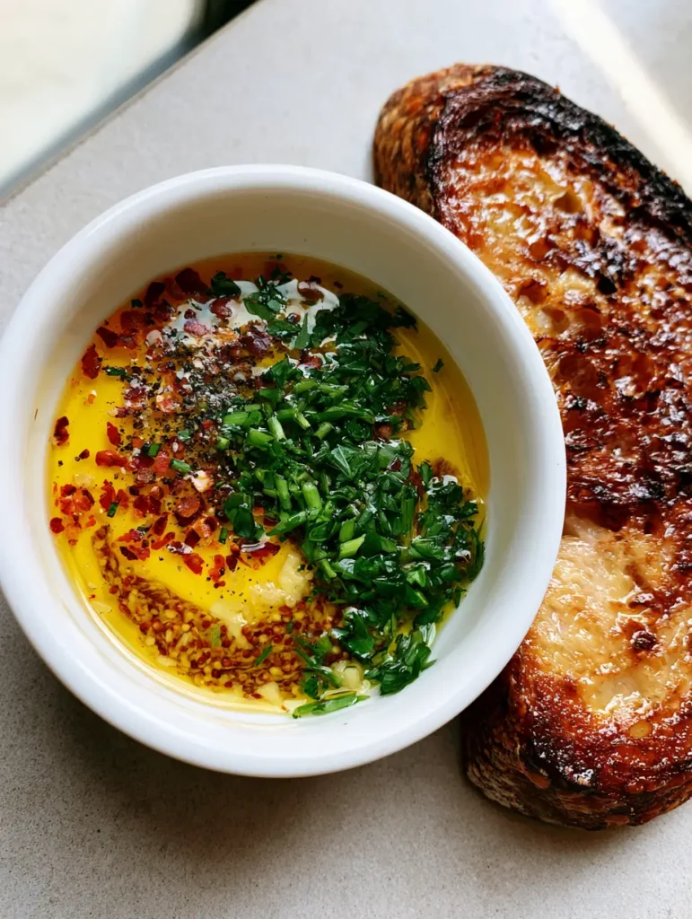 Cowboy Butter Recipe: The Viral Garlic Butter Sauce You Need 1 A rustic slice of charred sourdough bread next to a bowl of golden cowboy butter.