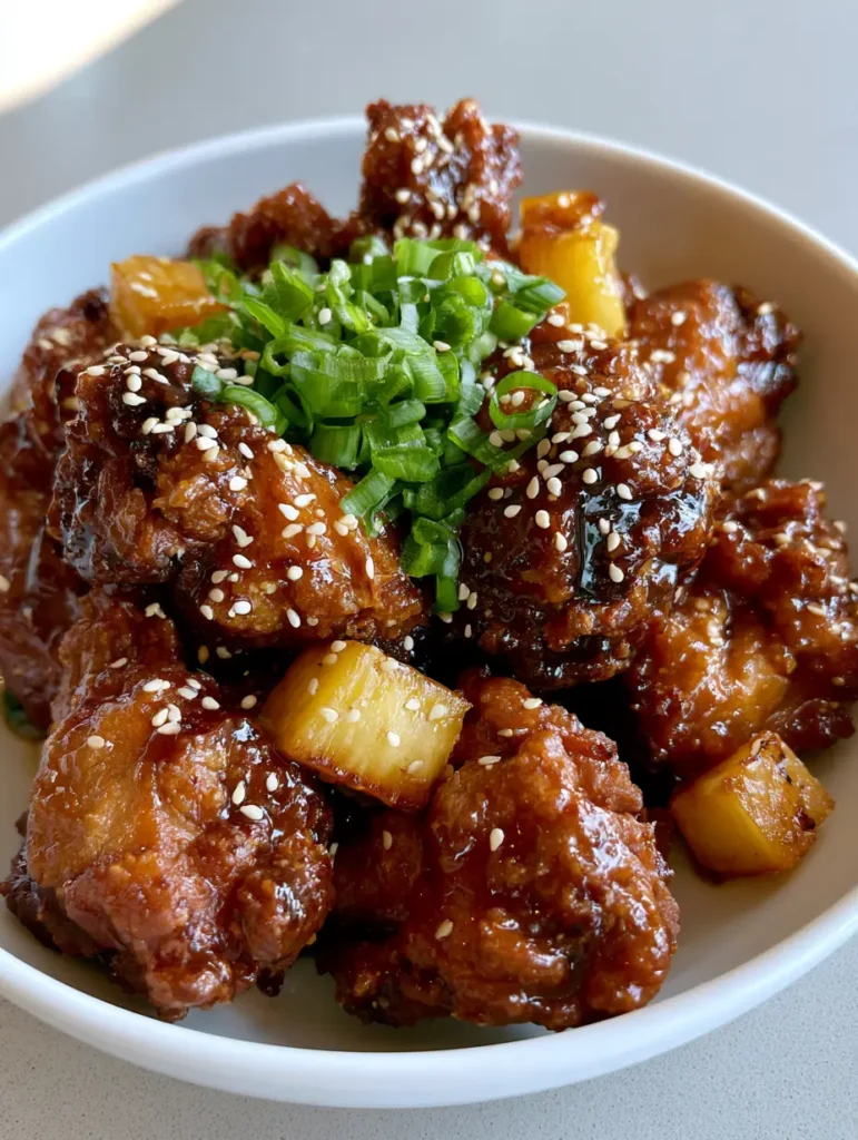 A shallow porcelain bowl filled with crispy wings, caramelized pineapple, and fresh garnishes.