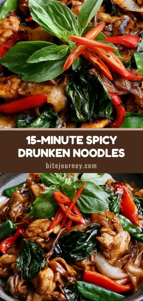 Thai Drunken Noodles (Pad Kee Mao): Better Than Takeout Guide 4 A close-up shot of Thai Drunken Noodles (Pad Kee Mao) in a dark bowl, showing wide rice noodles with charred edges, seared chicken, and vibrant red chilies.
