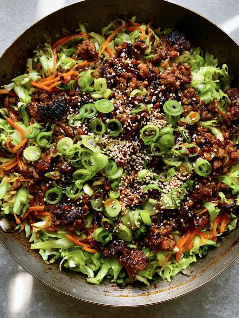 Home 8 Close up of browned ground beef crumbles and seared green cabbage ribbons in a Ginger Ground Beef and Cabbage Stir Fry.
