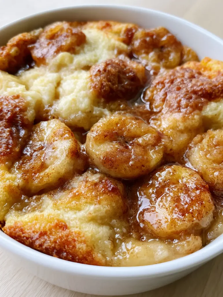 Slices of ripe bananas partially submerged in a buttery Southern Banana Cobbler crust with bubbling cinnamon syrup.