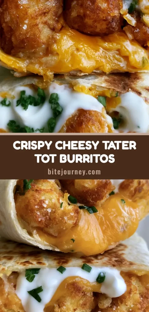 A close-up cross-section of a Cheesy Potato Burrito showing layers of crispy tater tots, melted sharp orange cheddar, sour cream, and scallions in a toasted tortilla.