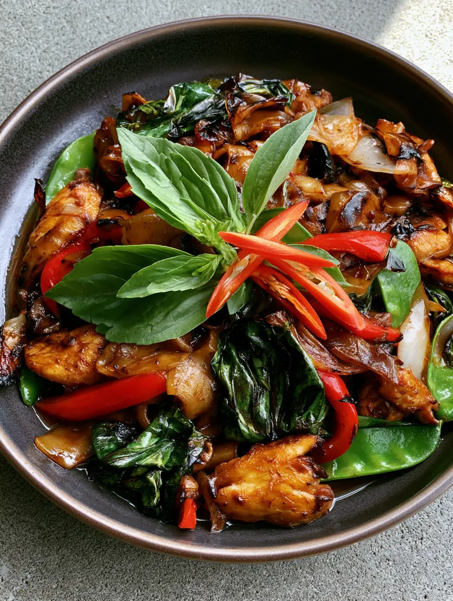 Thai Drunken Noodles (Pad Kee Mao): Better Than Takeout Guide 3 Handheld smartphone photo of Thai Drunken Noodles with glossy dark sauce, red bell peppers, and snap peas in a ceramic bowl.