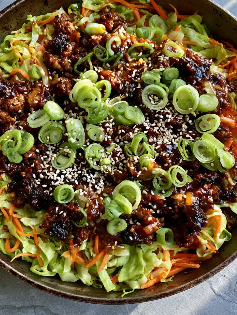 Sizzling skillet of Ginger Ground Beef and Cabbage Stir Fry garnished with scallions and sesame seeds on a gray stone surface.