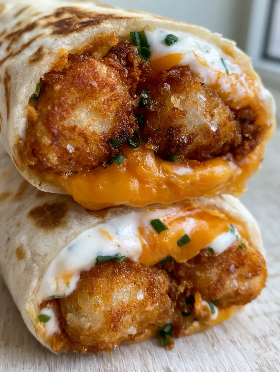 A handheld photo of a Cheesy Potato Burrito with a golden-brown toasted exterior and visible scallions inside.