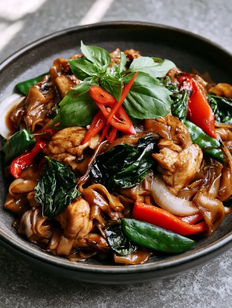 Thai Drunken Noodles (Pad Kee Mao): Better Than Takeout Guide 1 Overhead view of Pad Kee Mao showing wilted Thai basil and fresh red chili garnish on wide flat rice noodles.
