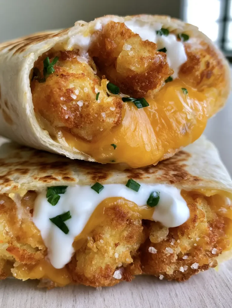 A macro shot of crispy tater tots and melted cheese inside a toasted Cheesy Potato Burrito.