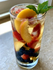 A tall glass of Peach Moscato Sangria on a stone surface featuring light golden wine, ice, and floating fresh summer fruits.