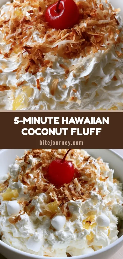 Hawaiian Pineapple Coconut Fluff: The Easiest 5-Ingredient Tropical Dessert 3 A tall vertical view of Hawaiian Pineapple Coconut Fluff in a white bowl, topped with golden toasted coconut and a red cherry with a stem.