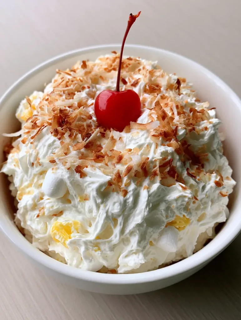 Close-up of Hawaiian Pineapple Coconut Fluff showing thick whipped folds, mini marshmallows, and yellow pineapple bits.