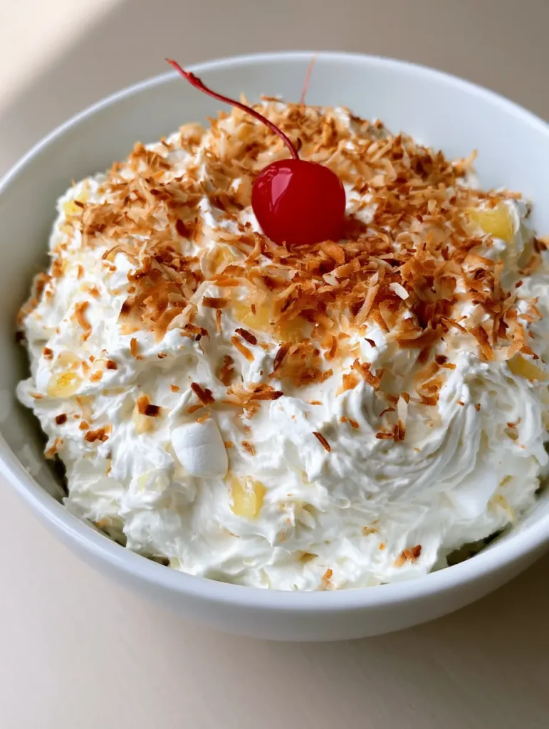Hawaiian Pineapple Coconut Fluff: The Easiest 5-Ingredient Tropical Dessert 1 A top-down view of the Hawaiian Pineapple Coconut Fluff garnished with toasted coconut and a maraschino cherry on a light wood surface.