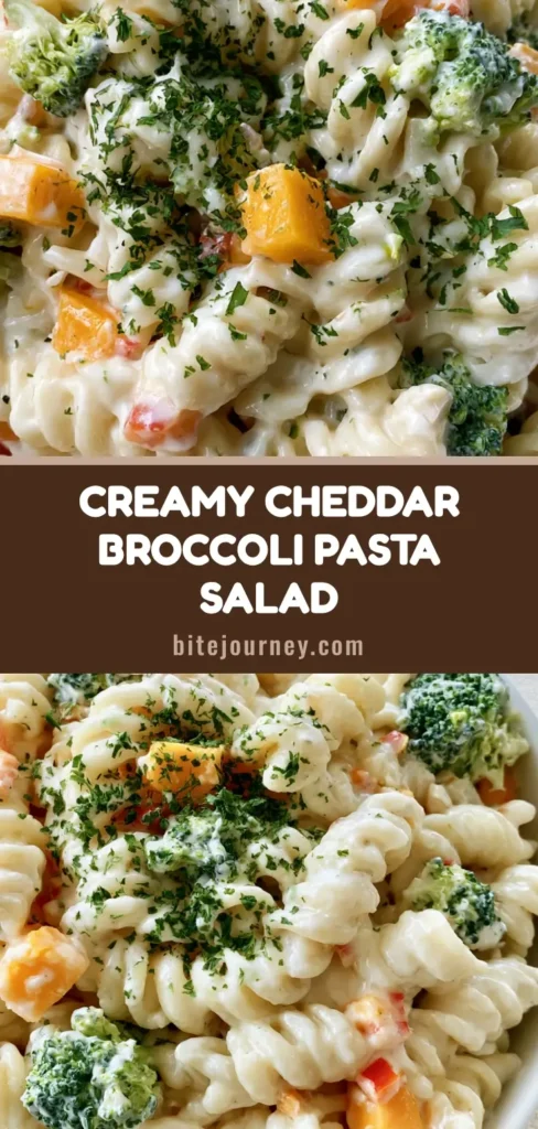Creamy Cheddar Pasta Salad with Fresh Broccoli and Red Peppers 4 A tall vertical shot of Creamy Cheddar Pasta Salad in a white bowl, featuring rotini, orange cheddar cubes, and green broccoli.