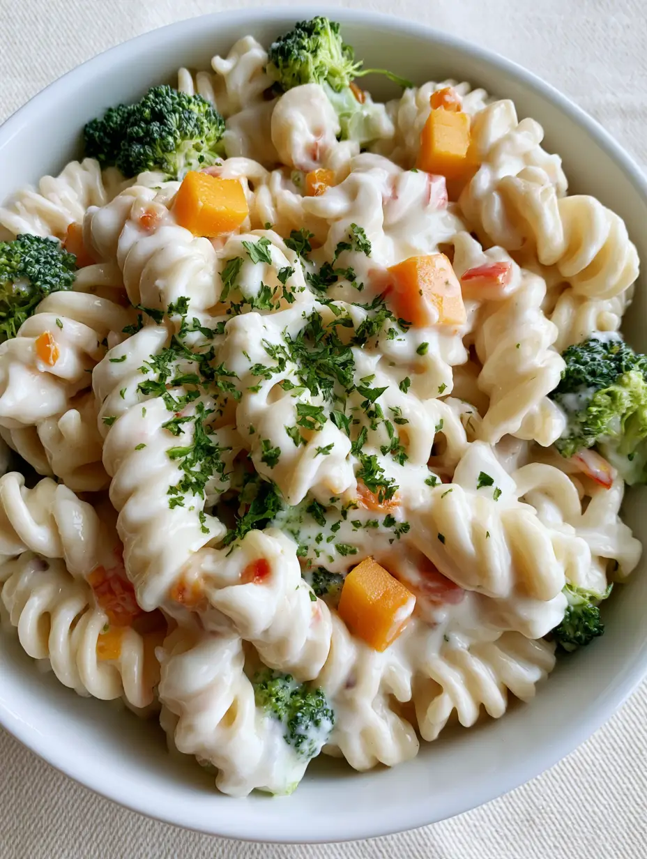Creamy Cheddar Pasta Salad with Fresh Broccoli and Red Peppers 3 Close-up of Creamy Cheddar Pasta Salad showing the thick white dressing and orange cheese cubes.