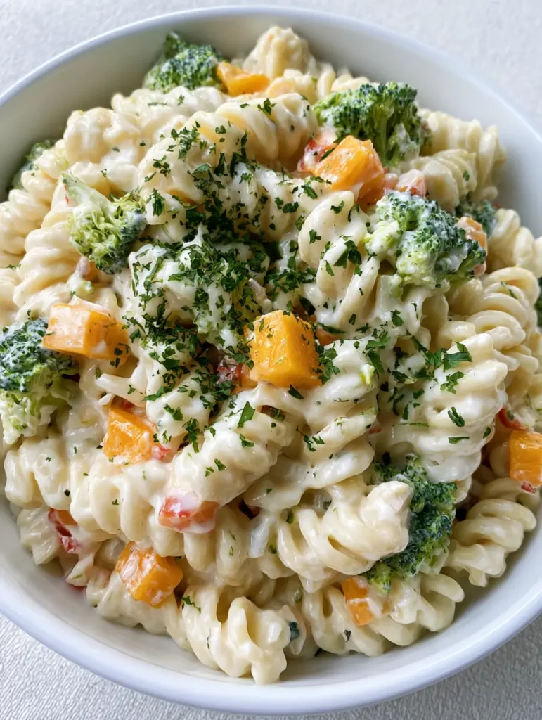 Creamy Cheddar Pasta Salad with Fresh Broccoli and Red Peppers 1 Overhead view of a white ceramic bowl filled with pasta salad, red peppers, and parsley.