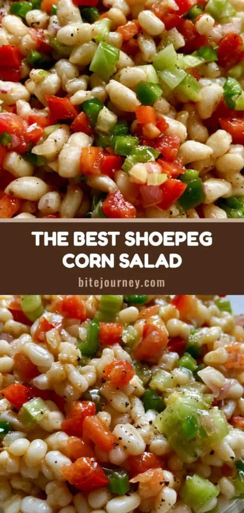 Shoepeg Corn Salad: The Tangy, Crunchy Southern Classic 4 A close-up vertical shot of Shoepeg Corn Salad in a glass bowl, showing white corn kernels, red and green peppers, and a glistening translucent dressing. (Shoepeg Corn Salad)