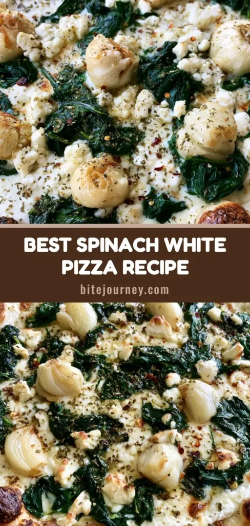 Greek Roasted Garlic Spinach White Pizza with Creamy Ricotta and Feta 4 A handheld smartphone photo of a round Greek Roasted Garlic Spinach White Pizza with charred bubbles and creamy ricotta dollops.
