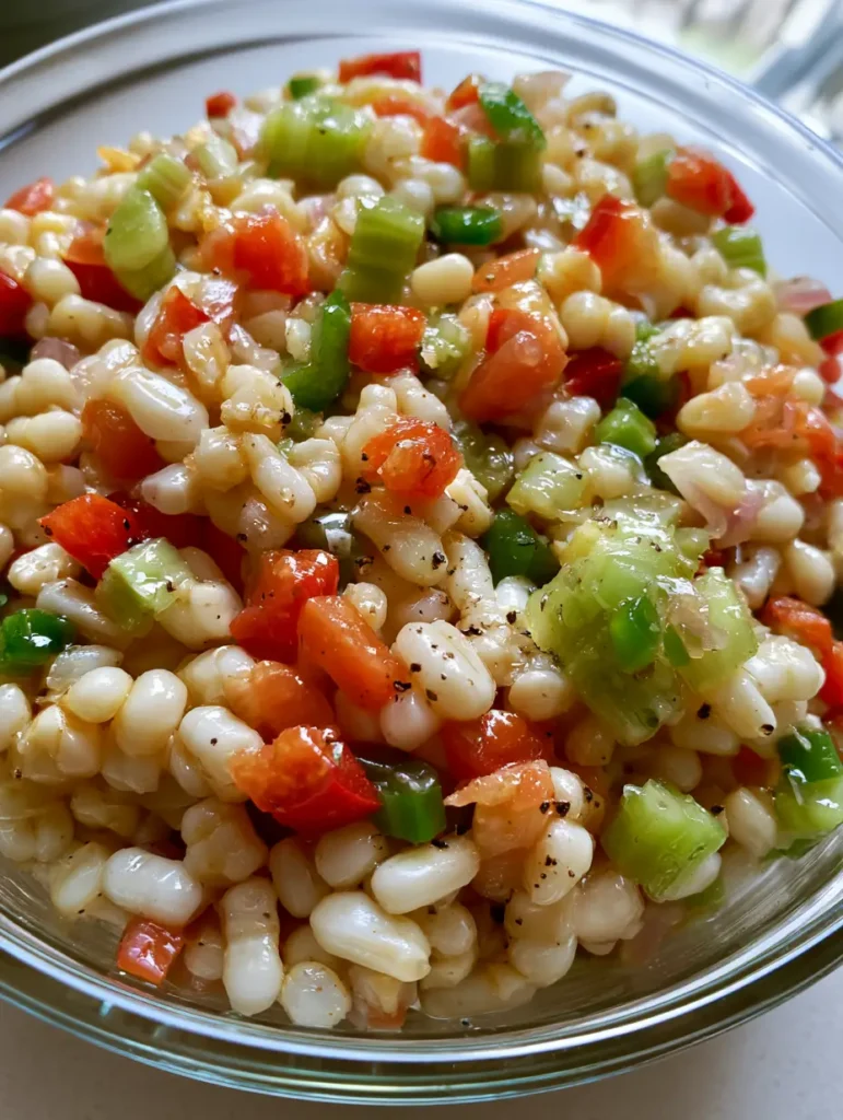 Top-down view of Shoepeg Corn Salad featuring white shoepeg kernels, diced red and green peppers, and celery with cracked black pepper. (Shoepeg Corn Salad)