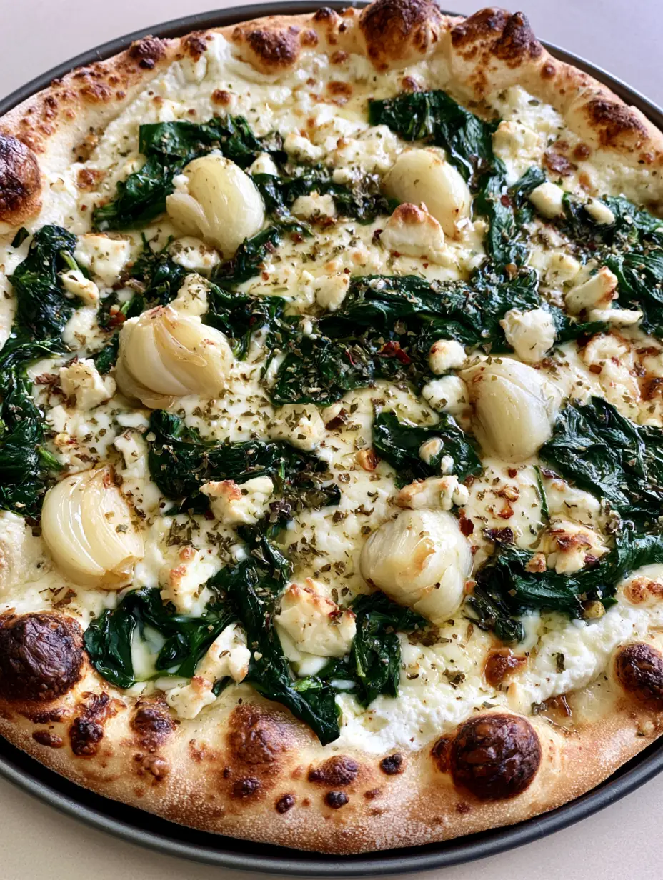 Greek Roasted Garlic Spinach White Pizza with Creamy Ricotta and Feta 3 Close up of Greek Roasted Garlic Spinach White Pizza showing melted mozzarella and soft roasted garlic cloves.