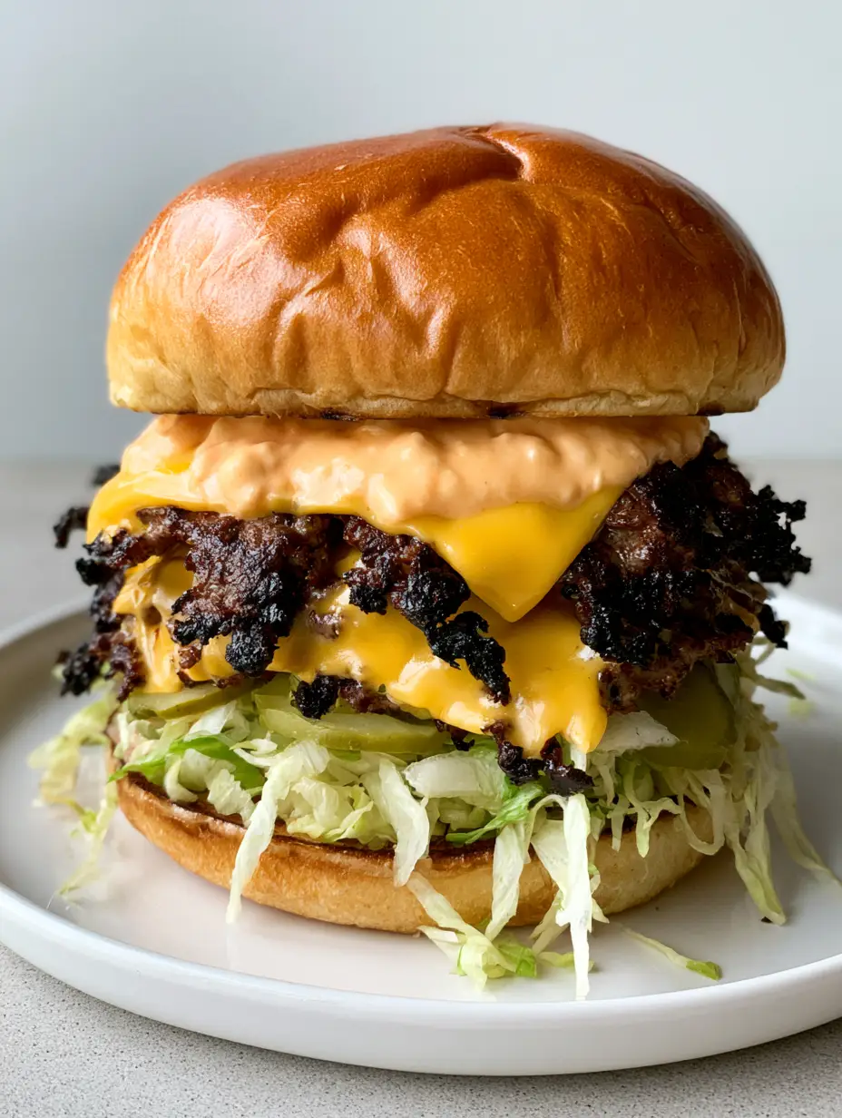 Handheld photo of a double Smash Burger with shredded lettuce and creamy orange-pink sauce on a white plate.