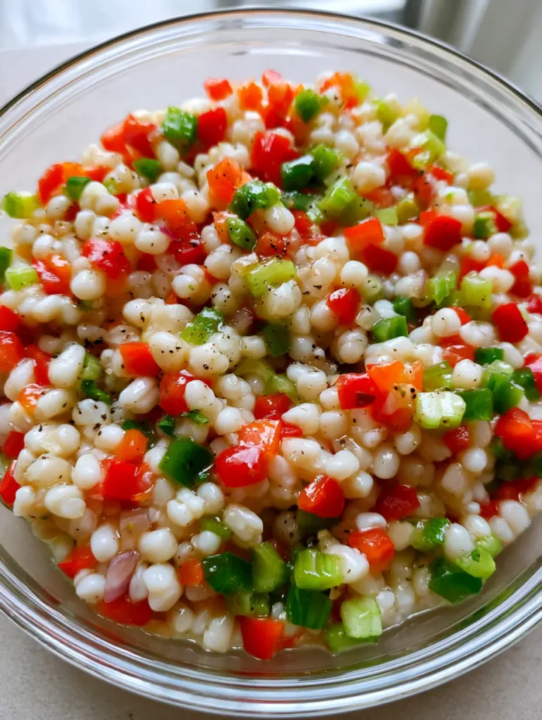 Shoepeg Corn Salad: The Tangy, Crunchy Southern Classic 1 Close-up of glossy, translucent dressing coating shoepeg corn and colorful diced vegetables in a glass bowl.