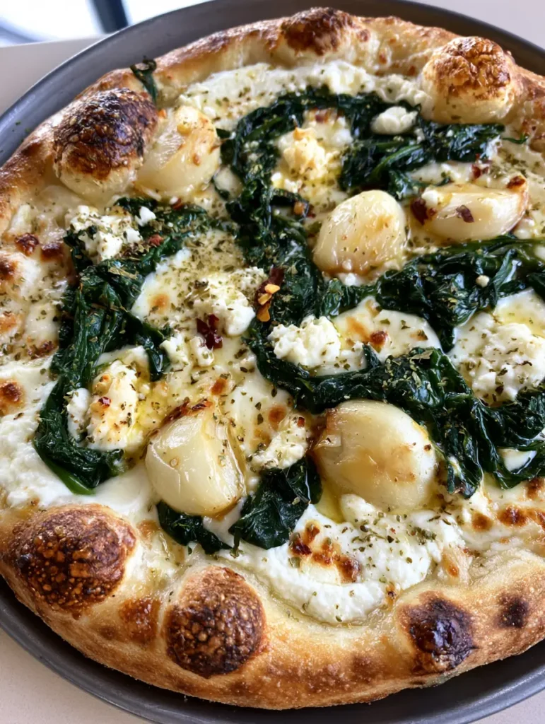 Greek Roasted Garlic Spinach White Pizza with Creamy Ricotta and Feta 1 Whole Greek Roasted Garlic Spinach White Pizza on a dark metal tray with a neutral background.