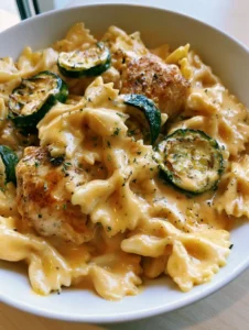 Close-up of Creamy Chicken Bowtie Pasta showing the thick cheese sauce and herb garnish in a white bowl.