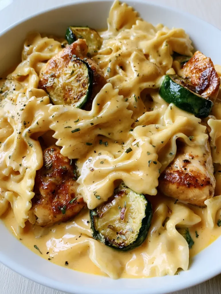 Creamy Chicken Bowtie Pasta served in a casual white bowl on a light wooden background with soft natural lighting.