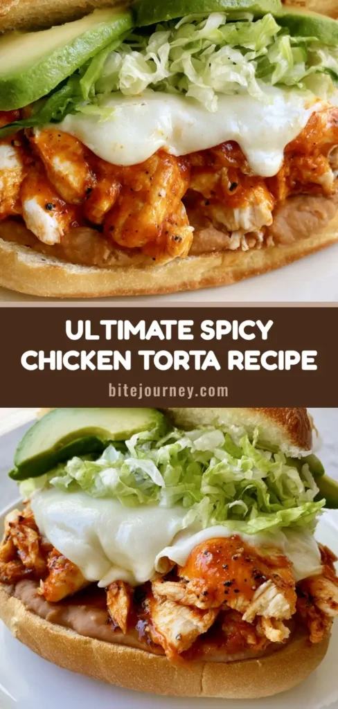 Chipotle Chicken Torta: The Ultimate Spicy Mexican Sandwich Recipe 4 A high-angle photo of a Chipotle Chicken Torta sliced in half on a white plate, showing melted Oaxaca cheese, shredded adobo chicken, and creamy avocado.