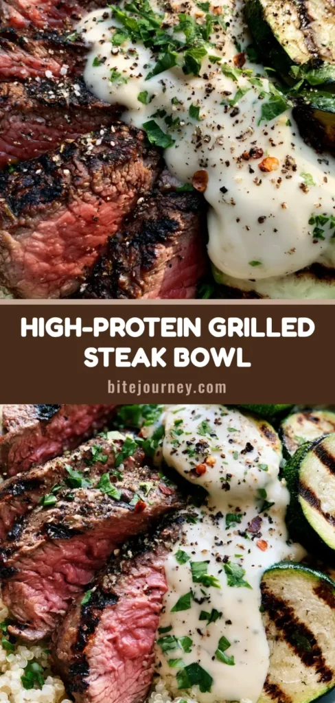 A vertical photo of a Grilled Steak Bowl featuring seared medium-rare beef slices, charred zucchini half-moons, and fluffy quinoa with a white garlic cream sauce drizzle.