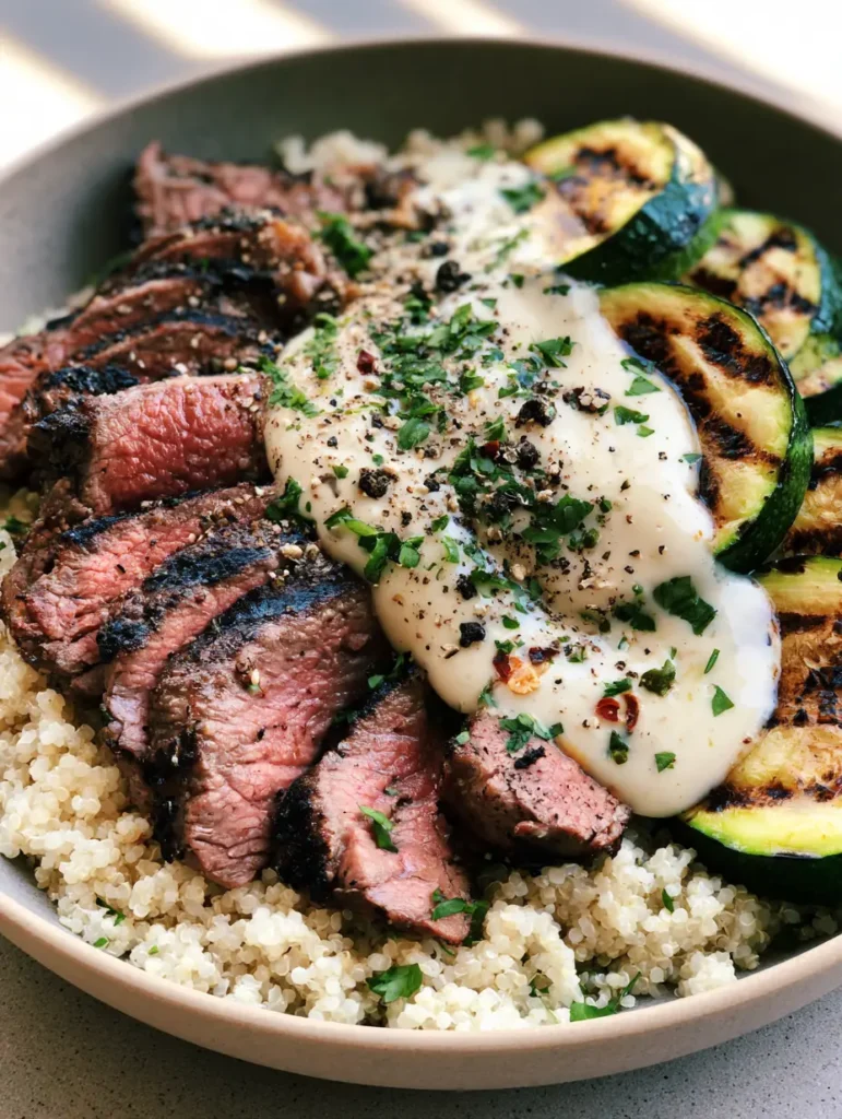 Home 8 Close-up of a Grilled Steak Bowl with visible grill marks on juicy steak slices and zucchini over a bed of quinoa.