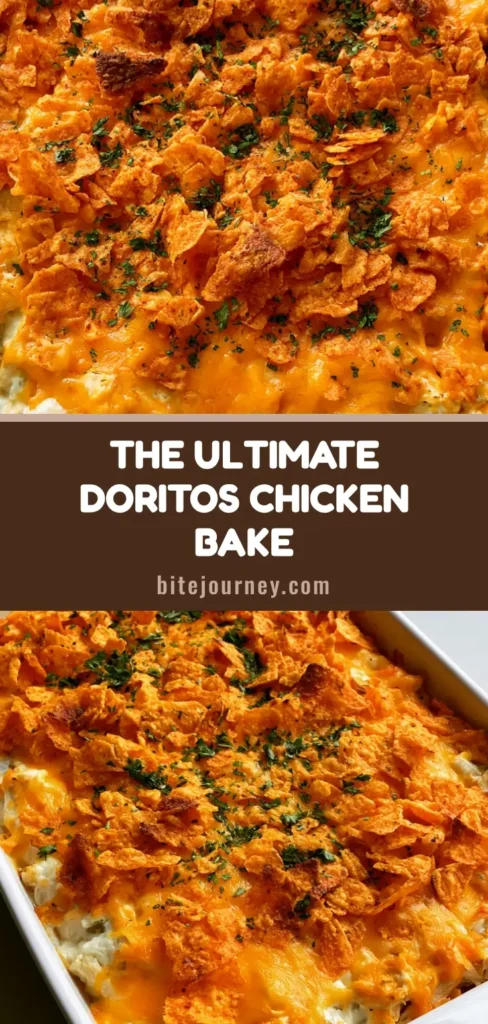 Doritos Chicken Casserole: The Ultimate Cheesy Comfort Food Recipe 4 A overhead view of a Doritos Chicken Casserole in a white dish featuring melted cheddar cheese and toasted Nacho Cheese chips.
