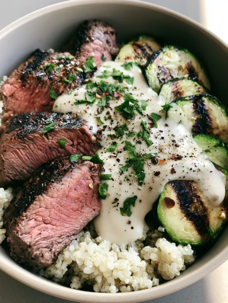 A Grilled Steak Bowl in a ceramic bowl garnished with fresh parsley and red chili flakes.