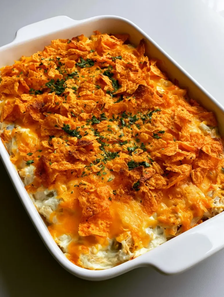 Smartphone photo of Doritos Chicken Casserole showing the shredded chicken filling and bubbly cheese layer. (Doritos Chicken Casserole)